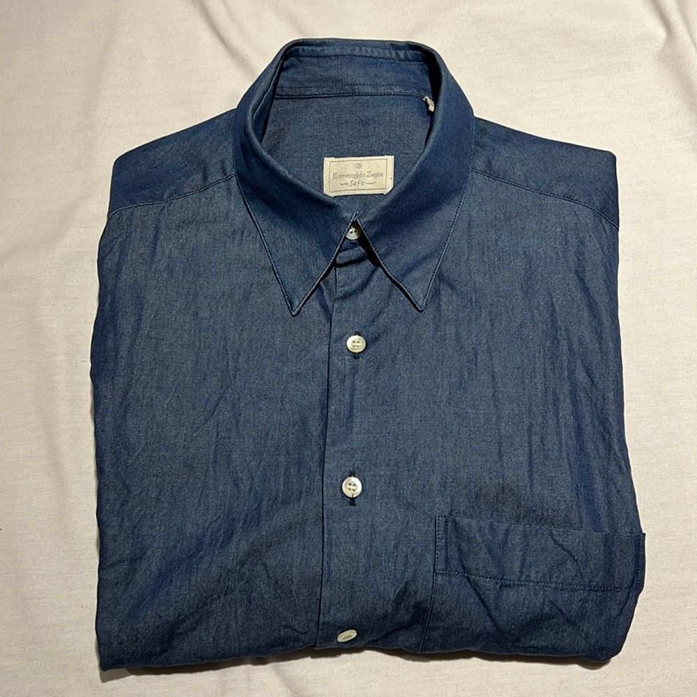 Ermenegildo Zegna Soft Blue Denim Shirt 100% Cotton Men’s XL Made Italy